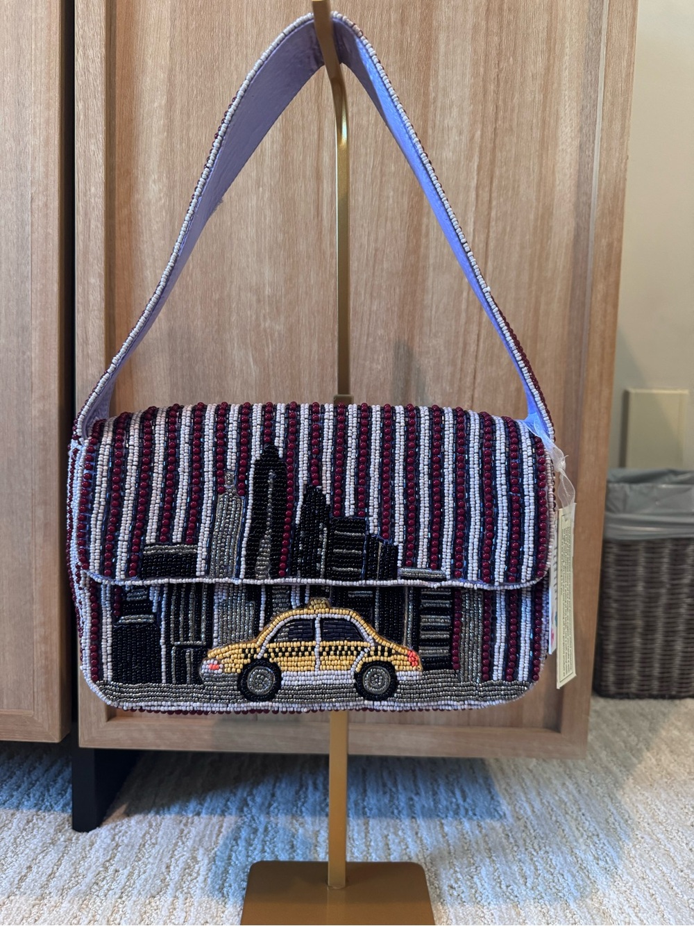 Hand-Beaded Cityscape Shoulder Bag with Yellow Taxi Motif~ NWT